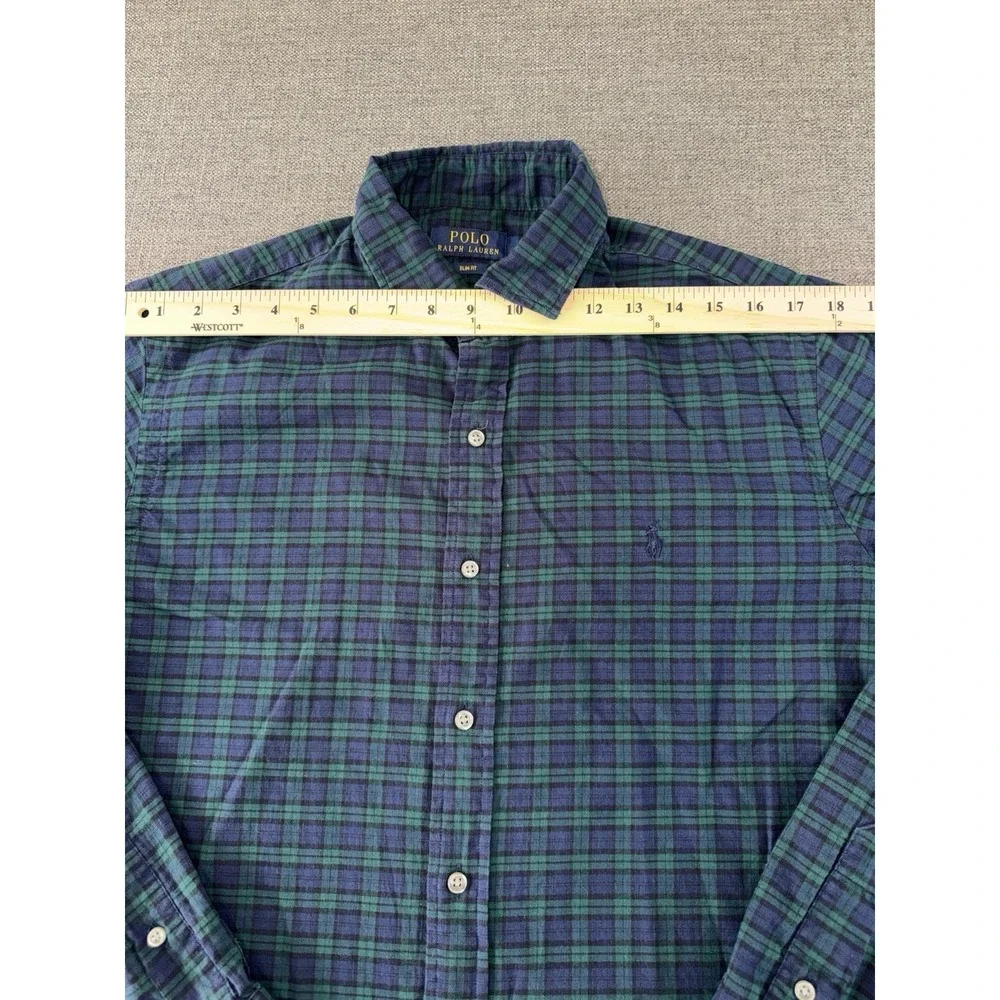 Polo Ralph Lauren Mens Blue Green Plaid Slim Fit Button-Down Shirt‎ Fits Medium